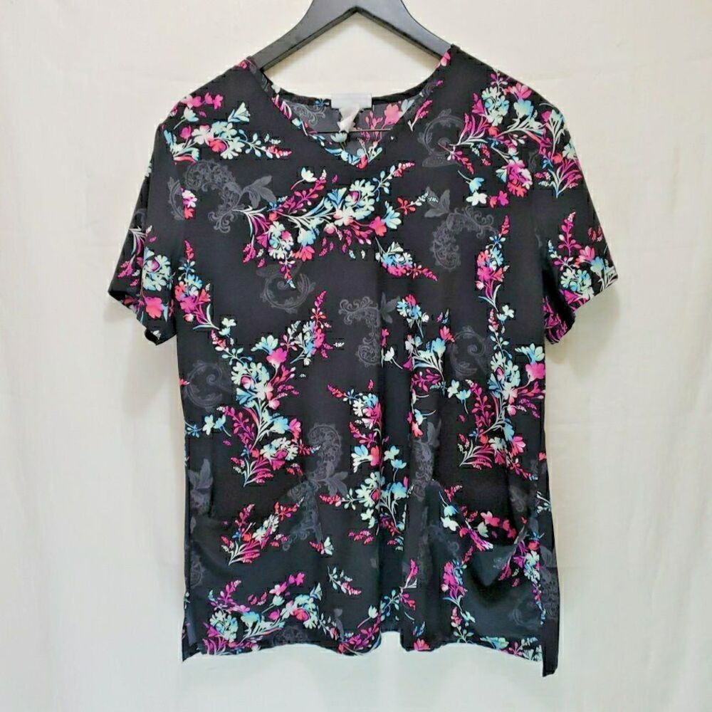 Scrubstar V-Neck Floral Medical Scrub Top Black Pink Teal Size UNK